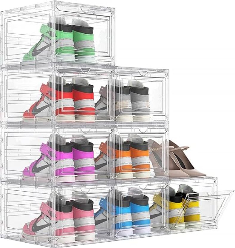 8 Pk XX Large Clear Stackable Shoe Storage Boxes for Size 14, Thicken Hard Plastic Shoe Organizer