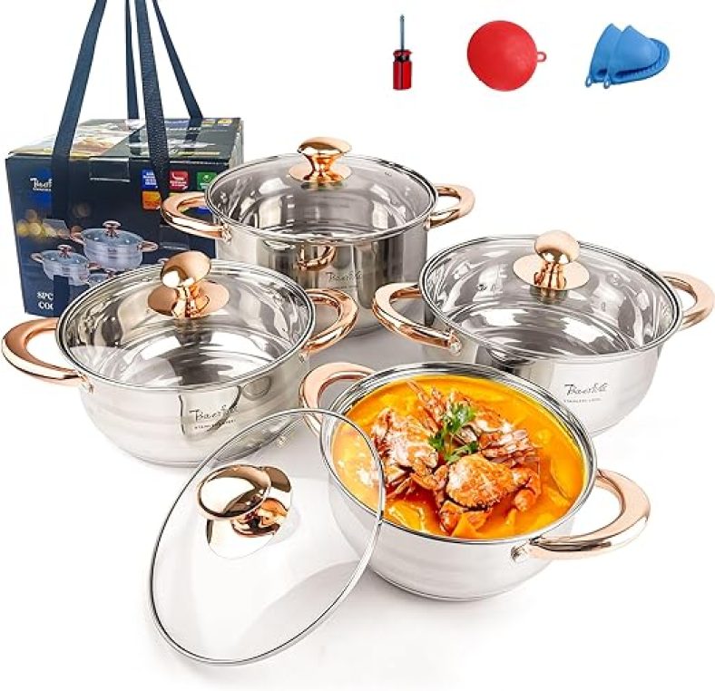Silver Pots and Pans Set with lids-8 Piece Luxe Silver 304 Stainless Steel Cookware