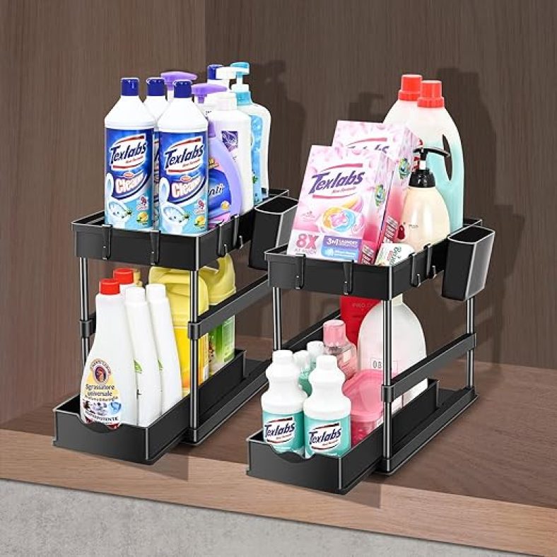 Under Sink Organizers and Storage, 2 Pack Under Bathroom Storage Cabinet, 2 Tier Sliding