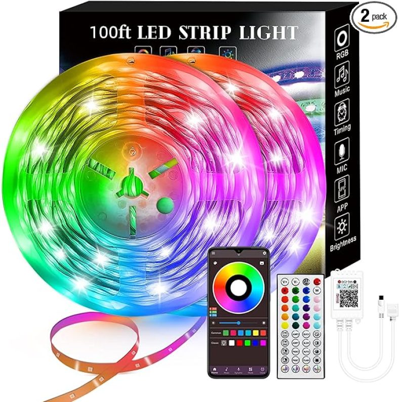 100FT Smart LED Strip Lights (2 Rolls of 50ft), RGB Strip Lights Sync to Music w/ 40 Key Remote Controller