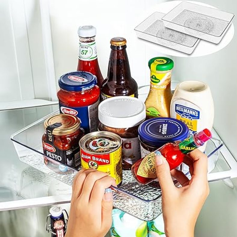 2 Pack Lazy Susan Organizer for Refrigerator, Clear Turntable Rectangular Fridge Organizers