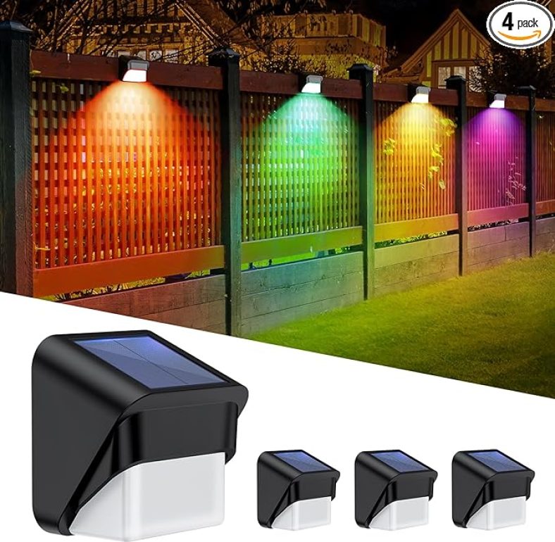 Solar Fence Lights 4 Pack with Warm White & RGB Glow Mode, Fence Solar Wall Lights