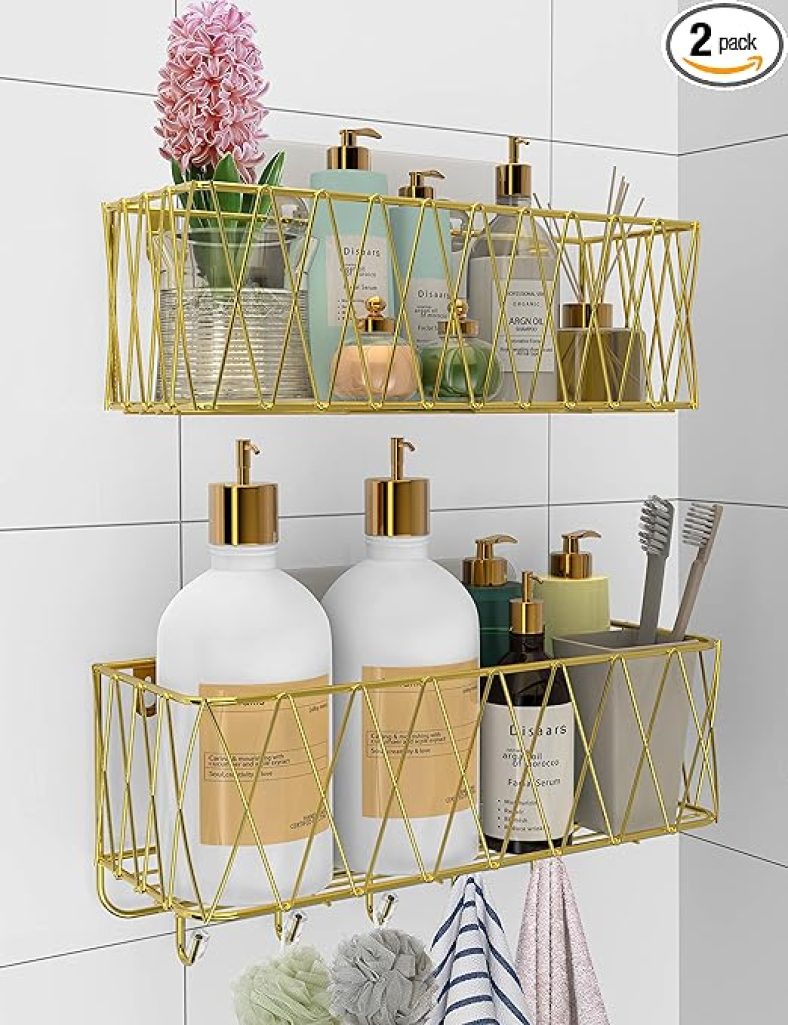 2Pk Adhesive Shower Caddy Basket Shelf, Bathroom Shampoo Organizer Shelves