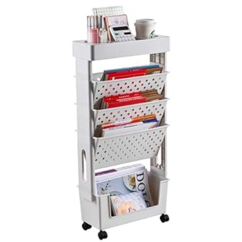 5 Tier Rolling Utility Cart Mobile Bookshelf Cart with Wheels, Movable Book Case
