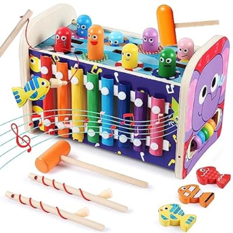8-in-1 Montessori Toys for Kids 3 Years Old, Whack a Mole Game Wooden Hammering Pounding Toy
