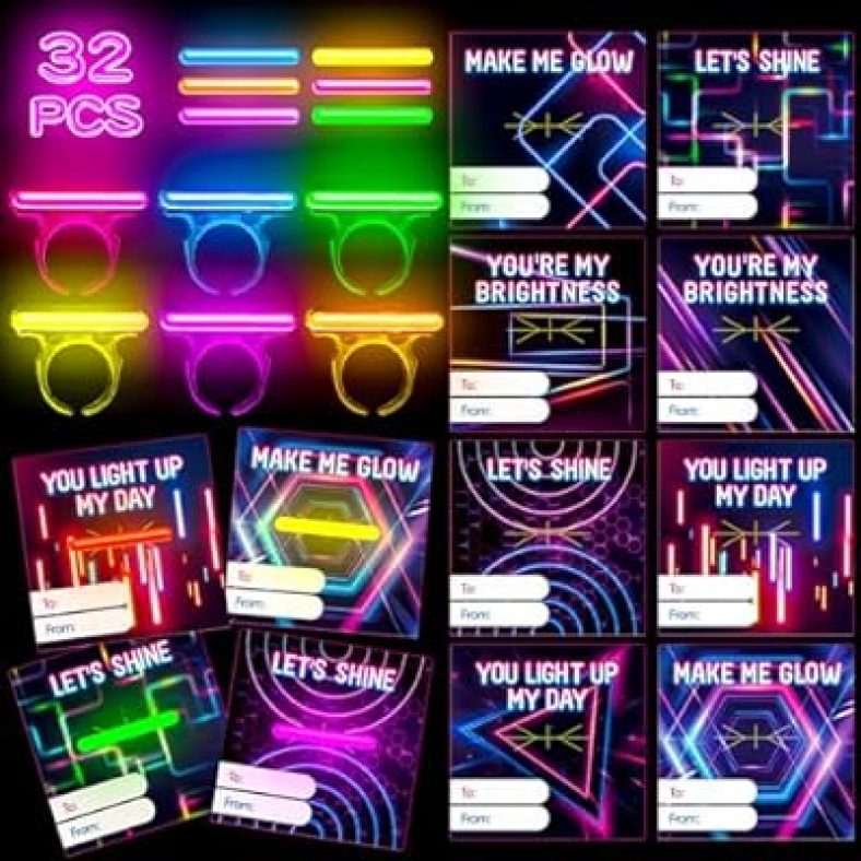 32 Packs Valentines Day Cards with Glow in the dark Rings for School Classroom Prizes