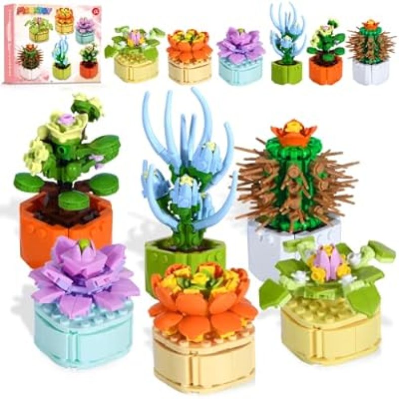 Succulents Artificial Plants Set Building Blocks Toys, 6 Packs Birthday Gifts for Adults Kids