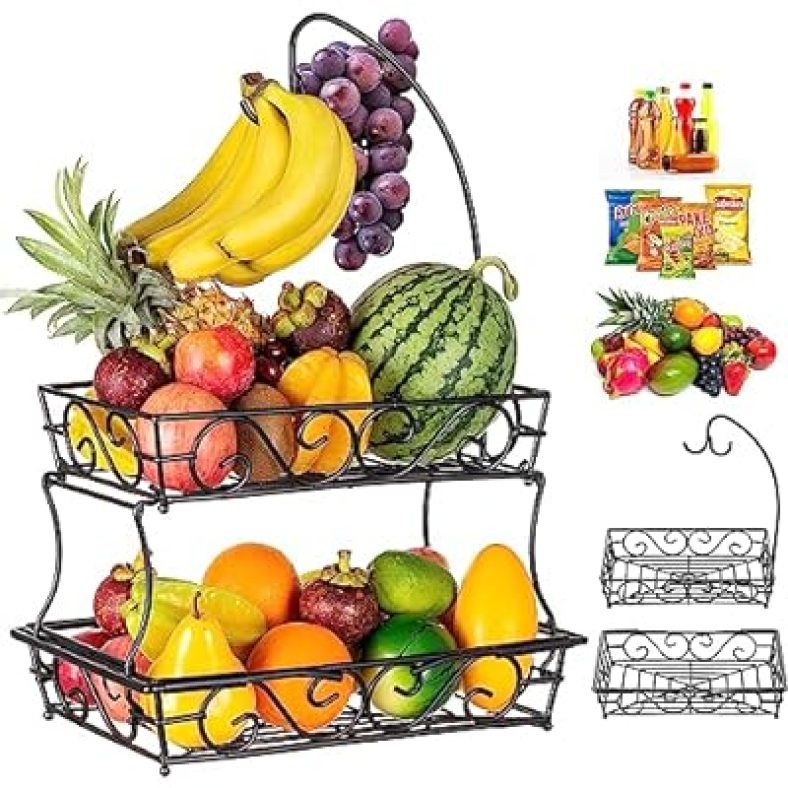 Fruit Basket Bowl, Vegetable Storage for Kitchen, 2-Tier Countertop Fruits Holder Rack
