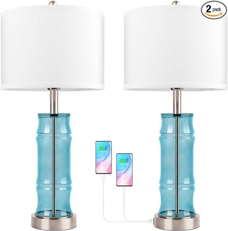 26 Coastal Table Lamps Set of 2, Modern Bedside Lamps with Dual USB Charging Ports