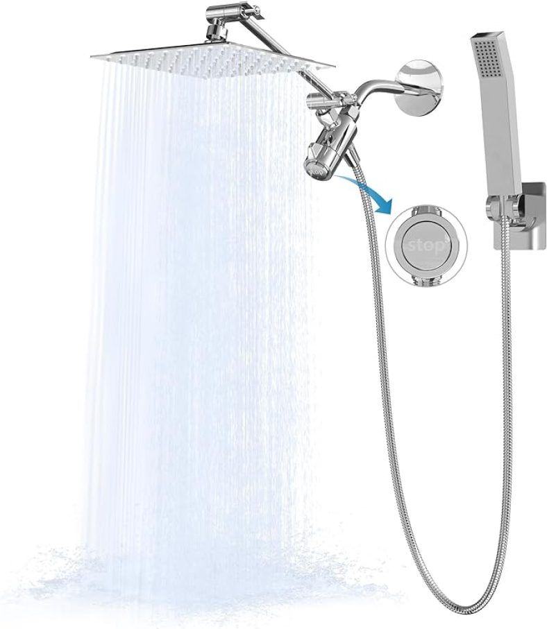 8 Inch Shower Head With Handheld with Push to stop water, High Pressure Rain Shower Head Combo