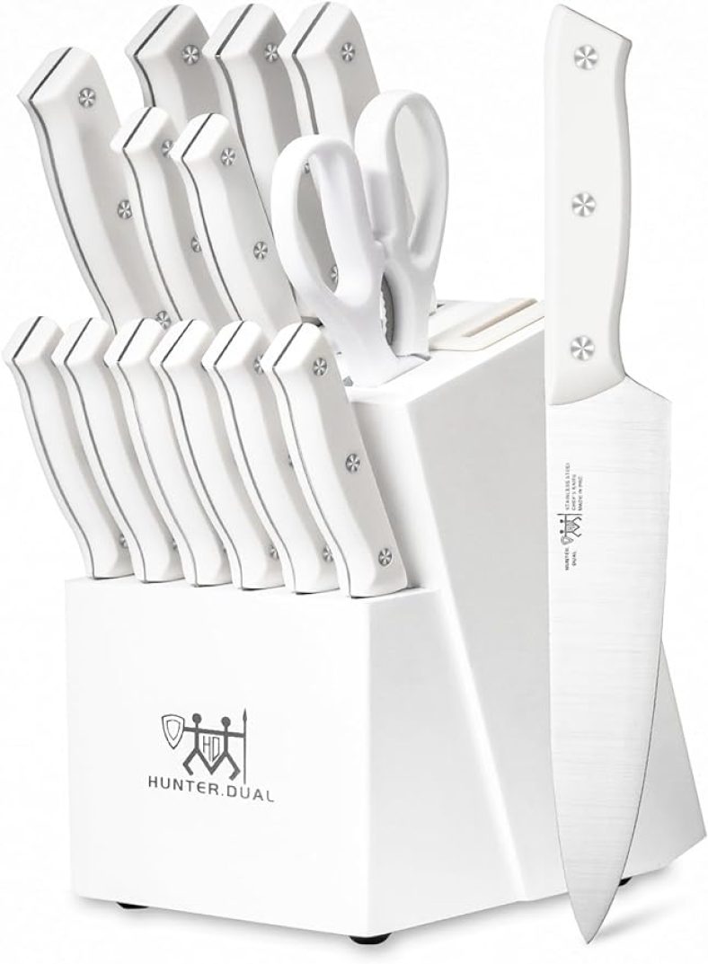 Knife Set, 15 Piece Kitchen Knife Set with Block Self Sharpening, Dishwasher Safe