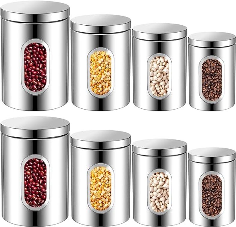 8 Pieces Stainless Steel Canister Set, Kitchen Canisters Storage Jars Food Canister Containers