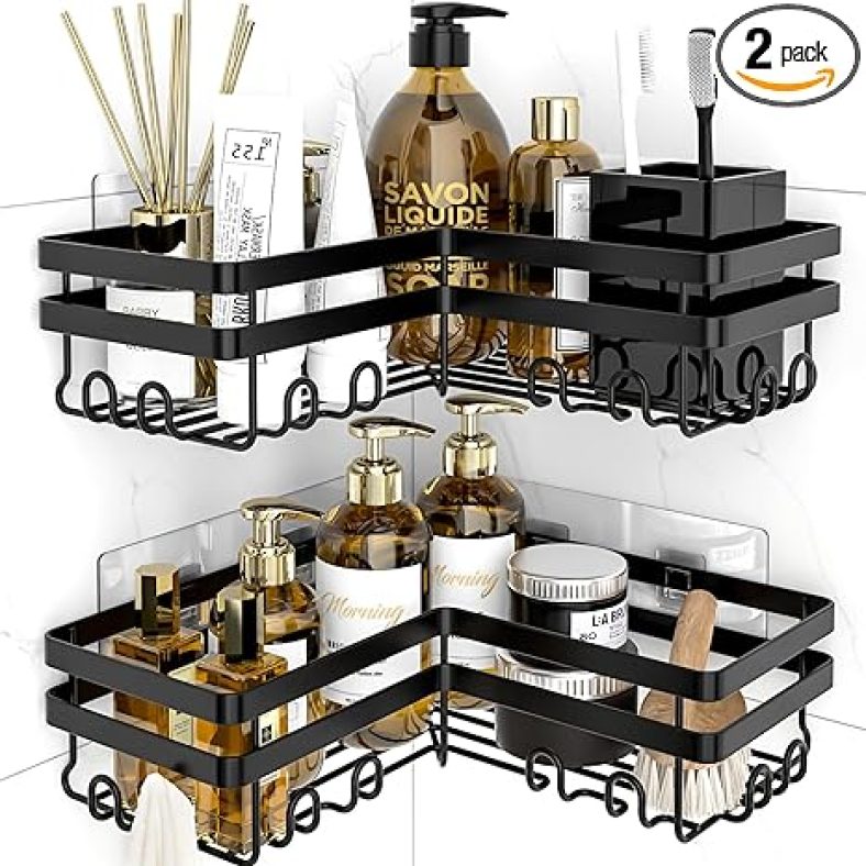 Corner Shower Caddy Shelf Organizer, 2 Pack Adhesive Black Bathroom Accessories