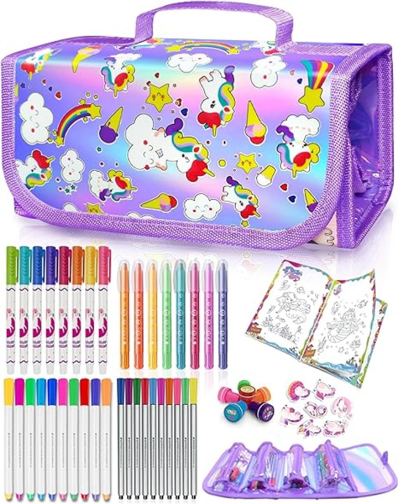 Washable Fruit Scented Markers Set with Unicorn Pencil Case Stickers Stamps Coloring Book