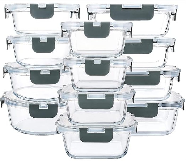 24-Piece Glass Food Storage Containers with Upgraded Snap Locking Lids