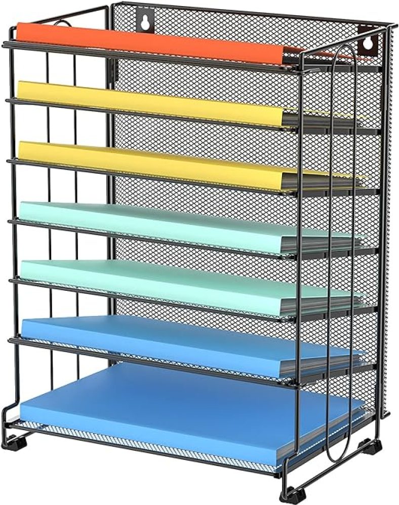 7-Tier Tilted Metal Mesh File Paper Tray Letter Organizer, Tilted Trays Desktop File Organizer