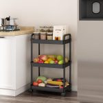 3 Tier Rolling Utility Cart on Wheels, Storage Cart with Handle, Mobile Mesh Trolley with Basket
