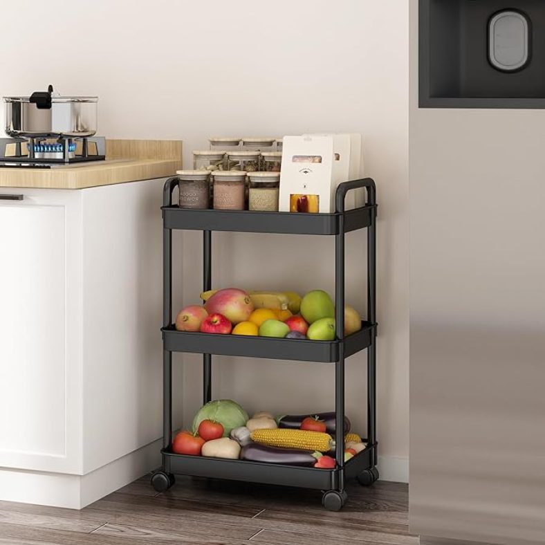 3 Tier Rolling Utility Cart on Wheels, Storage Cart with Handle, Mobile Mesh Trolley with Basket