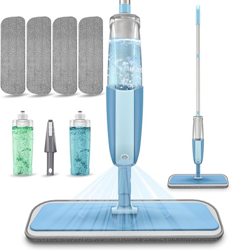 Wet Dust Mops for Hardwood Floor Cleaning  Microfiber Spray Floor Mops w/ Spray 4X Reusable Pads