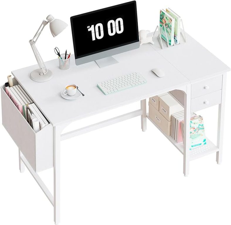 Lufeiya White Small Desk with Drawers – 40 Inch Computer Desk for Small Space Home Office, Modern Simple Study Writing Table PC Desks