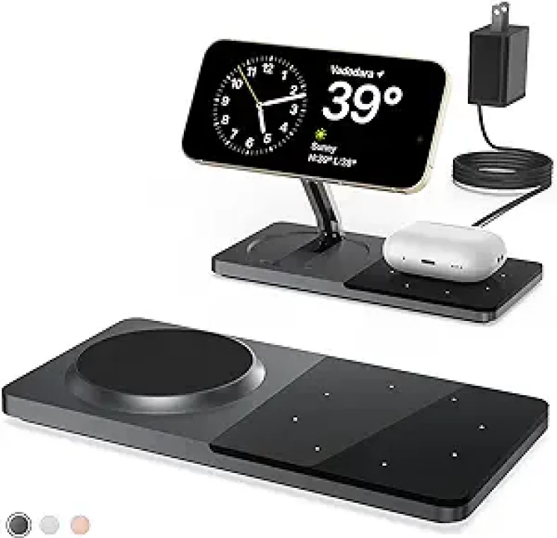 Mag-Safe Charger Stand for iPhone， Wireless Charger Stand for Apple Products, 2 in 1 Magnetic Charging Station for iPhone 15/14/13/12 Series, Airpods 3/2/Pro with Adapter (Black)