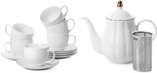 BTaT- Tea Cups, Tea Cups and Saucers Set of 6, Tea Set, (7oz) and Porcelain Tea Pot with Stainless Steel Infuser, 32 oz