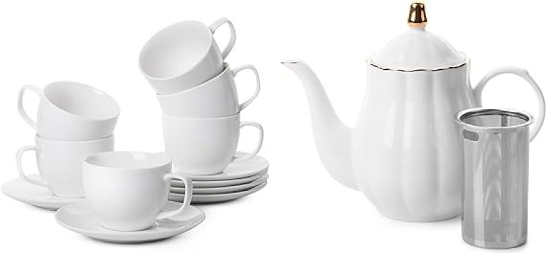 BTaT- Tea Cups, Tea Cups and Saucers Set of 6, Tea Set, (7oz) and Porcelain Tea Pot with Stainless Steel Infuser, 32 oz
