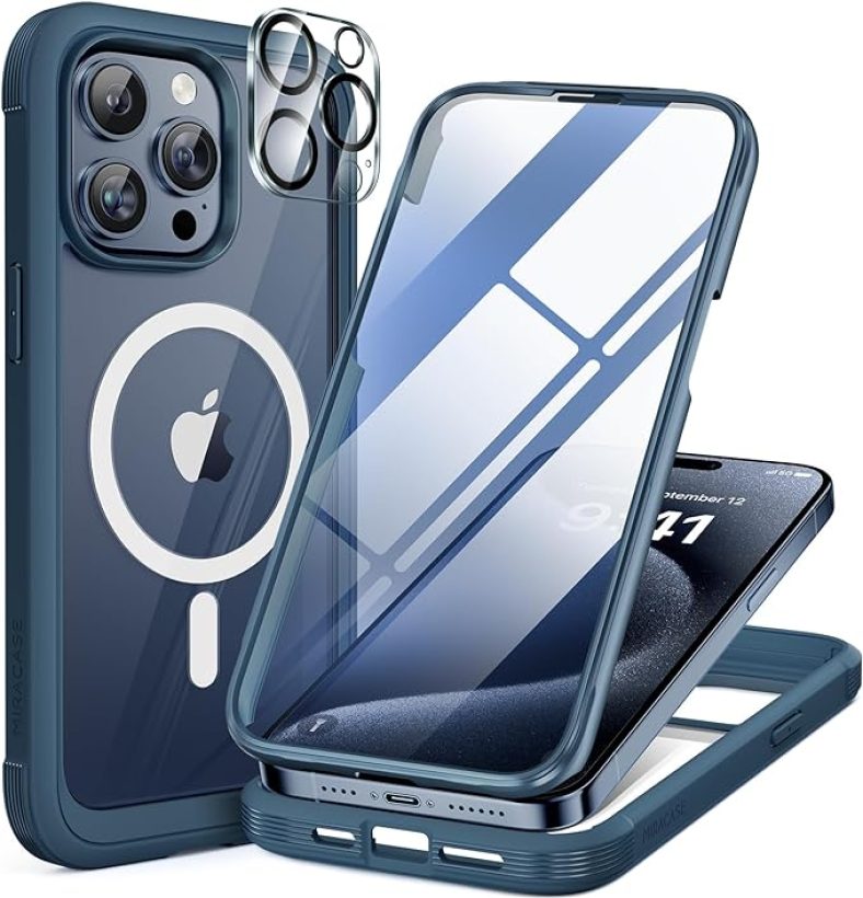 Miracase Magnetic for iPhone 15 Pro Max Case 6.7” [Compatible with Magsafe] Full-Body Drop Proof Bumper Phone Case for iPhone 15 Pro Max with Built-in 9H Tempered Glass Screen Protector,Blue