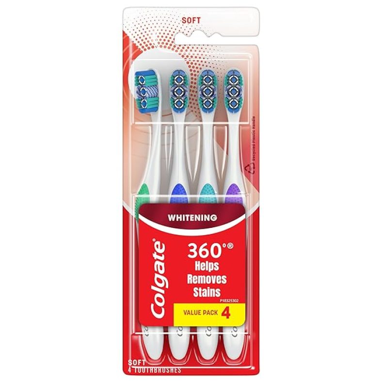 Colgate 360 Optic White Whitening Toothbrush, Adult Soft Toothbrush with Whitening Cups, Helps Whiten Teeth and Removes Odor Causing Bacteria, 4 Pack