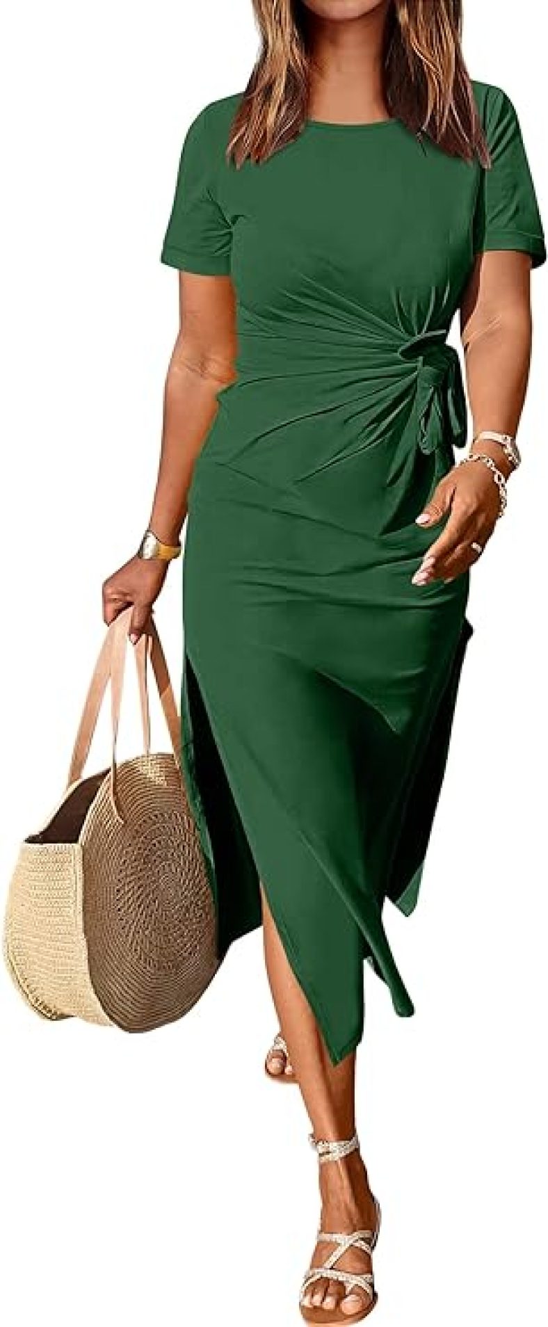 ANRABESS Women’s 2024 Summer Short Sleeve Crewneck T Shirt Maxi Dress Tie Waist Casual Slim Fit Slit Beach Dresses