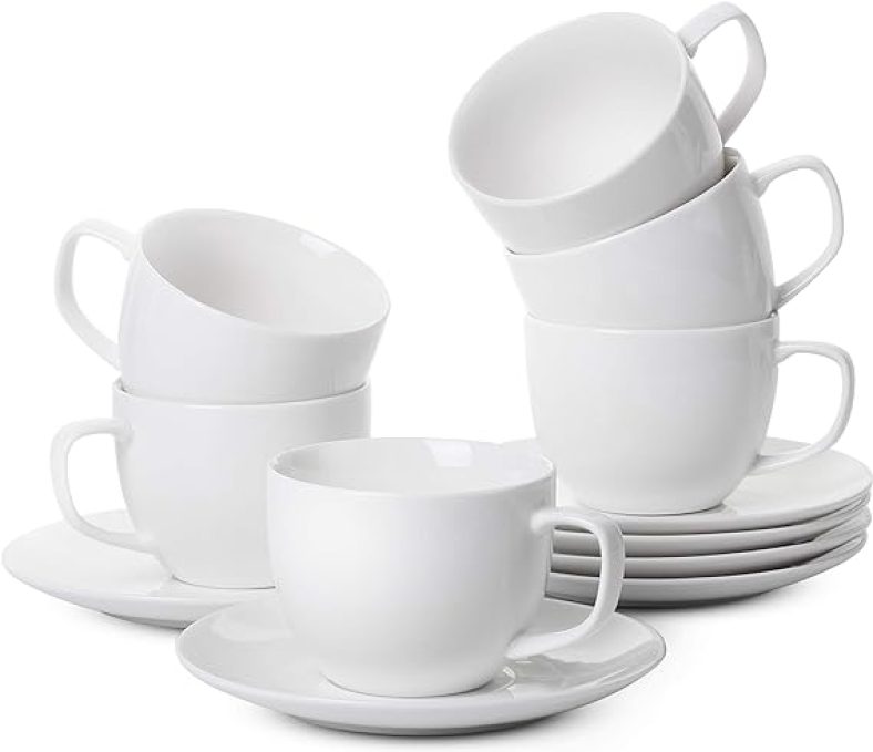 BTaT- Tea Cups, Tea Cups and Saucers Set of 6, Tea Set, (7oz), Cappuccino Cups, Latte Cups, Tea Set for Adults, Porcelain Tea Cups, Tea Cups for Tea Party (Porcelain)