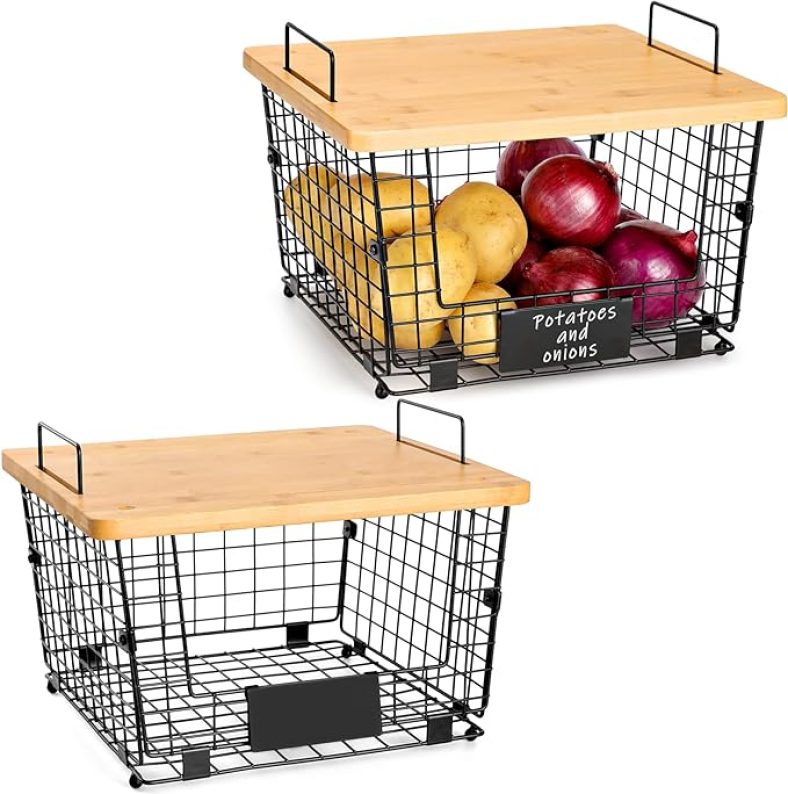 2 Set Stackable Wire Basket with Bamboo Top -Kitchen Counter, Pantry Organization and Storage – Cabinet, Shelf, Countertop Space Saving Organizing – Produce, Fruit, Onion, Potato, Bread Organizer Bin