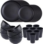 Supernal Wheat Straw Dinnerware Sets,Unbreakable Dinner Plates for 8,Microwave Dishwasher Safe,Reusable Dinnerware,Black Set 16pcs Plates, 8pcs Bowls, 8pcs Cups.