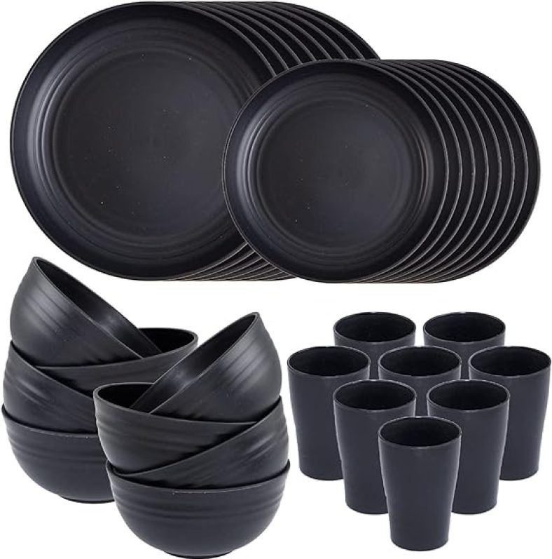 Supernal Wheat Straw Dinnerware Sets,Unbreakable Dinner Plates for 8,Microwave Dishwasher Safe,Reusable Dinnerware,Black Set 16pcs Plates, 8pcs Bowls, 8pcs Cups.