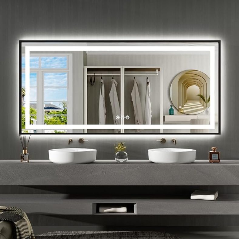 Amorho 60″x 30″ LED Bathroom Mirror Framed, Front Light and Backlit, Stepless Dimmable, Anti-Fog, Shatter-Proof, Memory, 3 Colors, Double LED Vanity Mirror