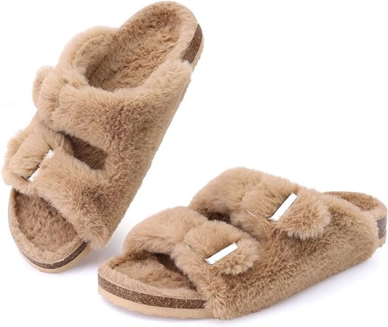 Fuzzy Slippers Women with Cork Footbed Fluffy Slide Sandals Open Toe Indoor House Shoes | Arch Support | Adjustable Buckles