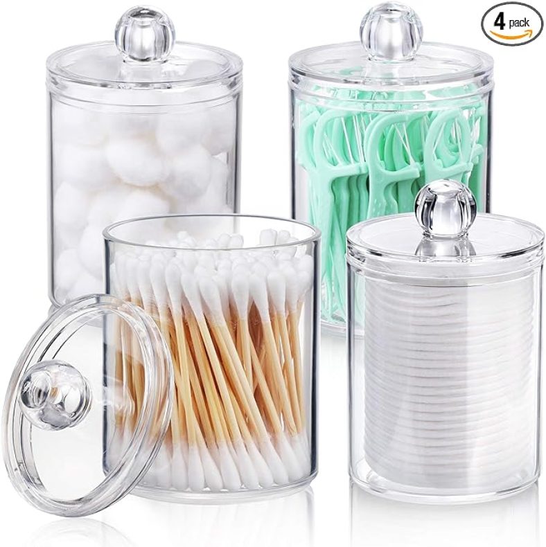 4 PACK Qtip Holder Dispenser for Cotton Ball, Cotton Swab, Cotton Round Pads, Floss Picks – Small Clear Plastic Apothecary Jar Set for Bathroom Canister Storage Organization, Vanity Makeup Organizer