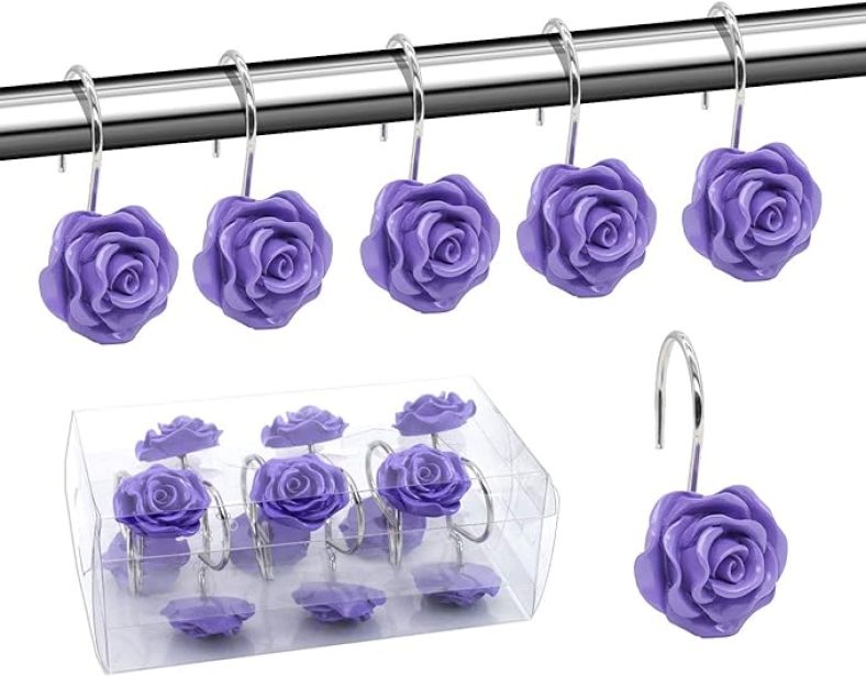 Shower Curtain Hooks, Home Decorative Rustproof Shower Curtain Hooks Resin Rose Flower Shower Hooks Rings for Bathroom Shower Rods Curtains,Set of 12 Hooks (Purple)