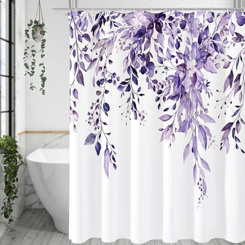 Gibelle Purple Eucalyptus Shower Curtain, Watercolor Plant Leaves with Floral Bathroom Shower Curtain Set with Hooks, 72×72