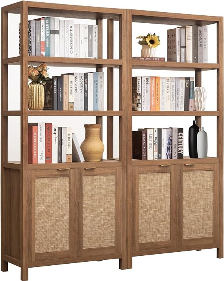 SICOTAS Bookshelf 5 Tier Book Shelf Rattan Boho Tall Bookcase with Doors Storage Wood Shelves Large Bookshelves Farmhouse Bookcases Book Case for Living Room Bedroom Home Office Kitchen (Oak 2PCS)