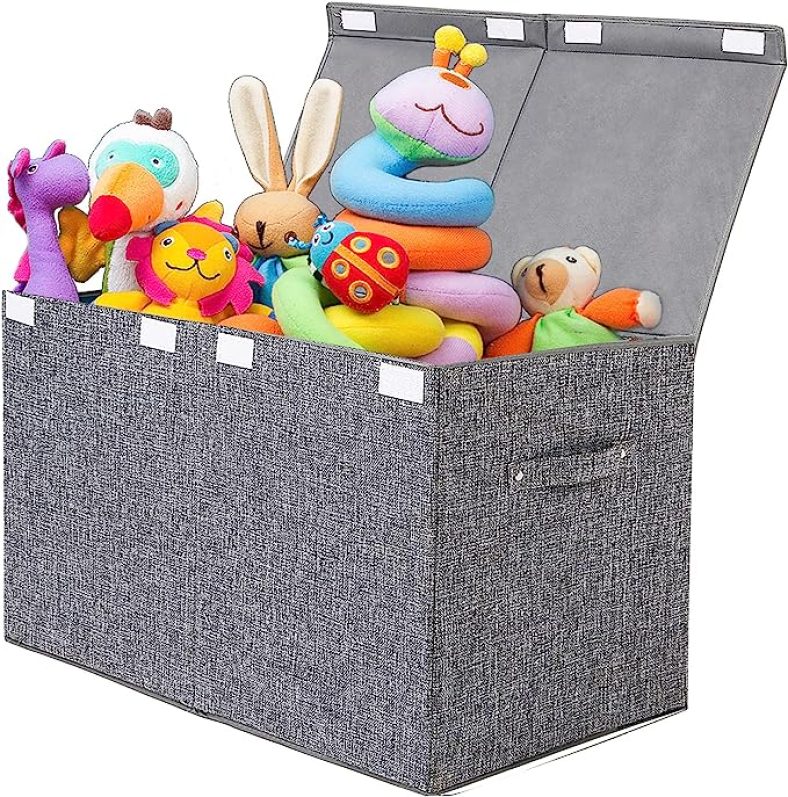 popoly Large Toy Box Chest with Lid, Collapsible Sturdy Toy Storage Organizer Boxes Bins Baskets for Kids, Boys, Girls, Nursery, Playroom, 25″x13″ x16″ (Linen Gray)
