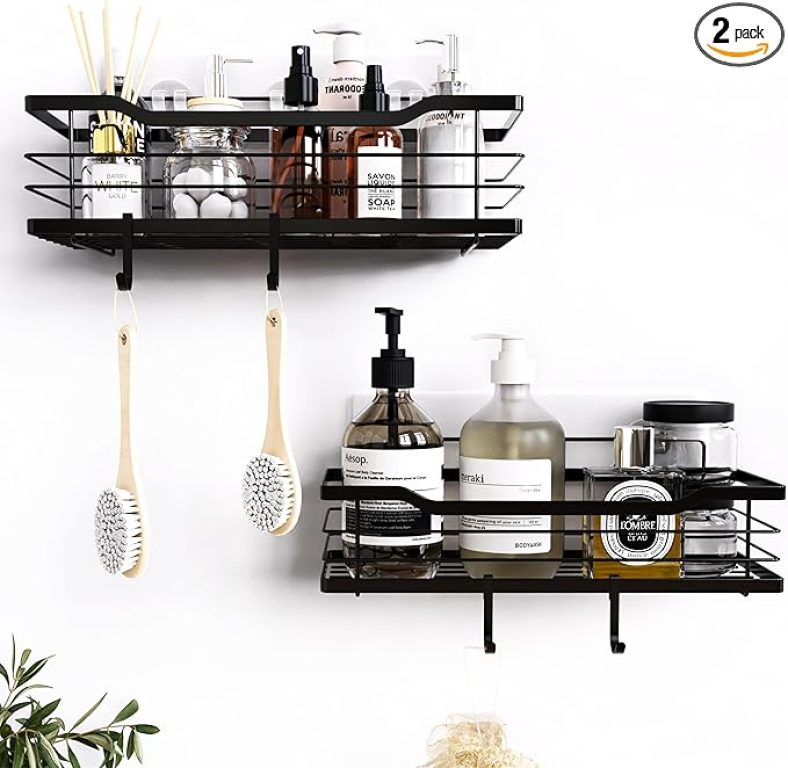 BTSD-home Shower Caddy Bathroom Organizer 2 Pack Rustproof Shower Shelf Rack Adhesive Shower Shelves with 4 Hooks, Stainless Steel No Drilling for Home Decor Bathroom Accessories Essentials