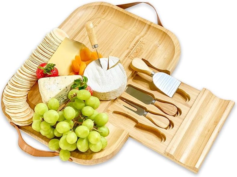 Bamboo Cheese Board And Knife Set – Wooden Charcuterie Tray with Leather Handles and Slide Out Drawer – Entertaining Essential for Wine and Cheese Lovers – Cheese Boards Charcuterie Boards