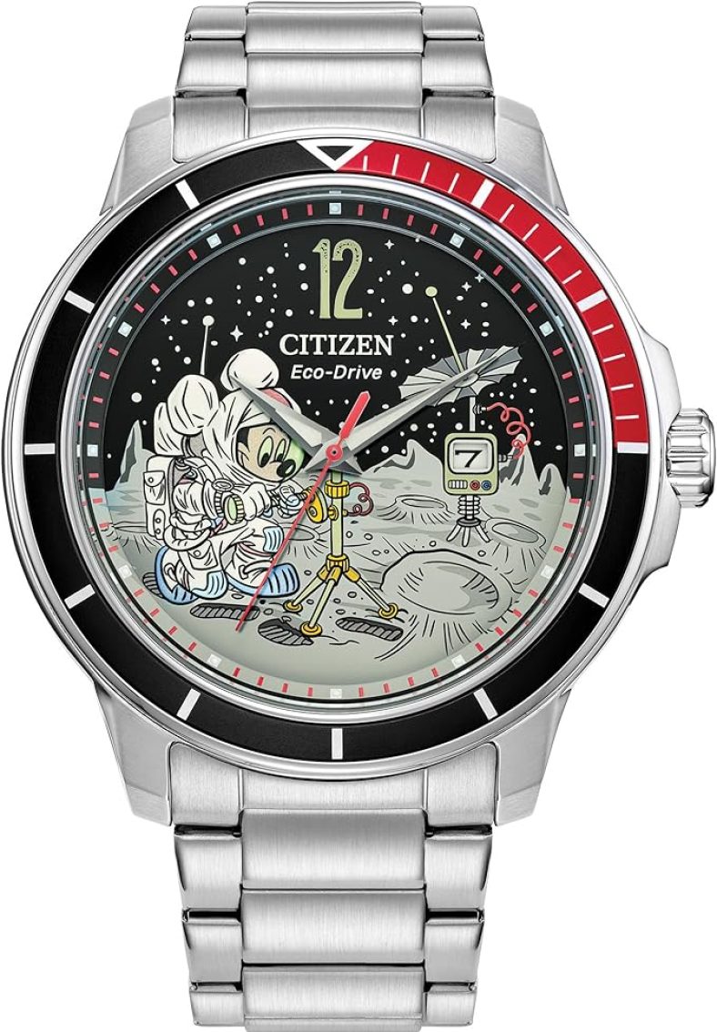 Citizen Eco-Drive Men’s Mickey Astronaut Stainless Steel Watch, Red and Black Bezel, (Model: AW1709-54W)